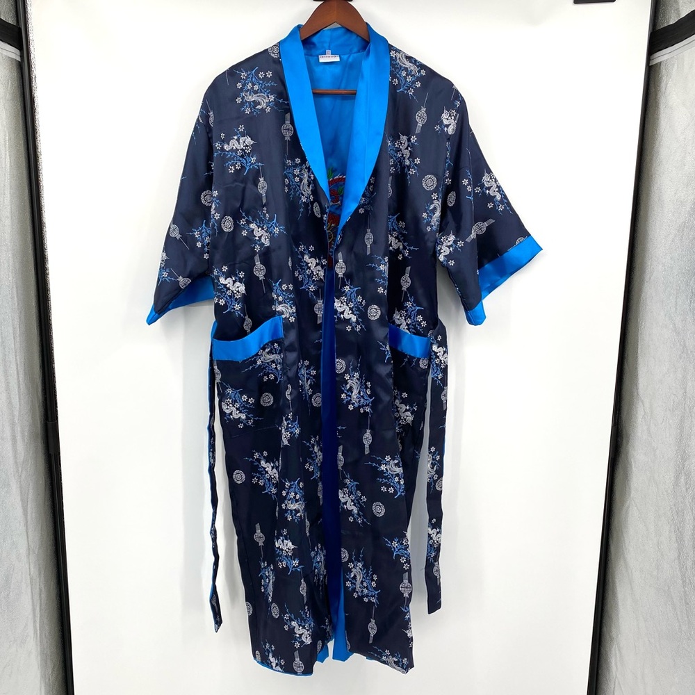Zensation Kimono Unisex XL Robe Reversible Blue Embroidered Dragon Floral Satin
